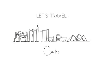 Single continuous line drawing of Cairo city skyline, Egypt. Famous city scraper and landscape home wall decor poster print art. World travel concept. Modern one line draw design vector illustration - obrazy, fototapety, plakaty