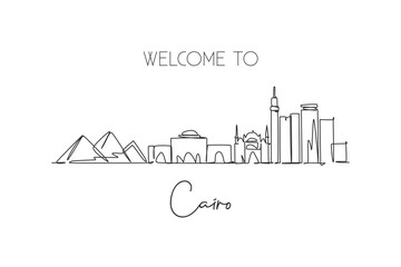 One continuous line drawing of Cairo city skyline, Egypt. Beautiful landmark. World landscape tourism and travel vacation. Editable stylish stroke single line draw design vector graphic illustration - obrazy, fototapety, plakaty