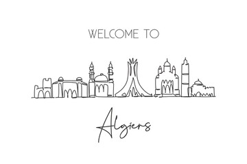 One continuous line drawing of Algiers city skyline, Algeria. Beautiful landmark postcard. World landscape tourism travel vacation. Editable stylish stroke single line draw design vector illustration