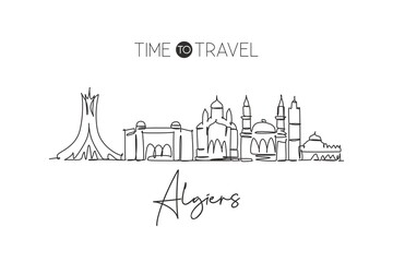 Obraz premium Single continuous line drawing of Algiers city skyline, Algeria. Famous city scraper landscape home wall decor poster print art. World travel concept. Modern one line draw design vector illustration