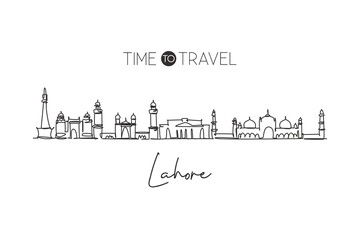 One continuous line drawing of Lahore city skyline, Pakistan. Beautiful city landmark. World landscape tourism and travel vacation. Editable stylish stroke single line draw design vector illustration