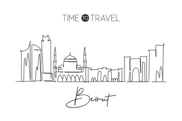 Fototapeta premium One continuous line drawing of Beirut city skyline, Lebanon. Beautiful city landmark. World landscape tourism and travel vacation. Editable stylish stroke single line draw design vector illustration