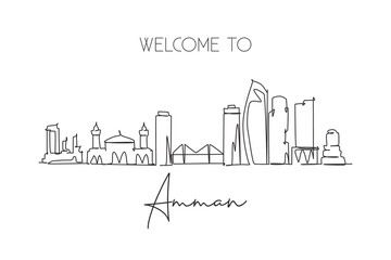 Fototapeta na wymiar One single line drawing of Amman city skyline, Jordan. Historical town landscape in the world. Best holiday destination. Editable stroke trendy continuous line draw design graphic vector illustration