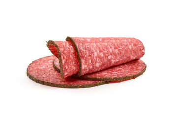 Peppered salami slices, isolated on white background