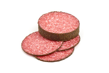 Peppered salami slices, isolated on white background