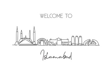 Fototapeta na wymiar One continuous line drawing of Islamabad city skyline, Pakistan. Beautiful city landmark. World landscape tourism and travel vacation. Editable stylish single line draw design vector art illustration