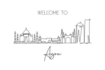 Obraz premium Single continuous line drawing of Agra city skyline, India. Famous city scraper and landscape home wall decor poster print art. World travel concept. Modern one line draw design vector illustration