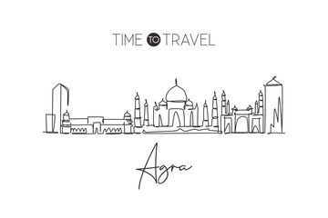 Naklejka premium One single line drawing of Agra city skyline, India. Historical town landscape poster print. Best holiday destination. Editable stroke trendy continuous line draw design vector graphic illustration