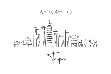 Naklejka premium One continuous line drawing of Taipei city skyline, Taiwan. Beautiful landmark. World landscape tourism and travel vacation. Editable stylish stroke single line draw design graphic vector illustration