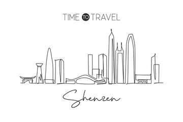Single continuous line drawing Shenzhen city skyline, China. Famous city scraper and landscape home wall decor art poster print. World travel concept. Modern one line draw design vector illustration