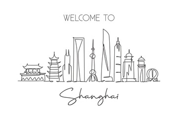 Fototapeta na wymiar Single continuous line drawing of Shanghai city skyline China. Famous city scraper and landscape home wall decor art poster print. World travel concept. Modern one line draw design vector illustration