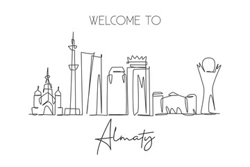 One continuous line drawing of Almaty city skyline, Kazakhstan. Beautiful landmark. World landscape tourism and travel vacation. Editable stylish stroke single line draw design vector illustration