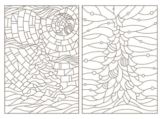 Set of contour illustrations of stained glass Windows with Christmas trees , dark contours on a white background