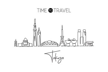 Fototapeta premium Single continuous line drawing of Tokyo city skyline, Japan. Famous city scraper and landscape. World travel concept home wall decor poster print art. Modern one line draw design vector illustration