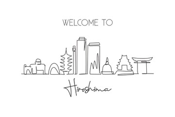 One continuous line drawing Hiroshima city skyline, Japan. Beautiful landmark. World landscape tourism travel vacation poster art. Editable stylish stroke single line draw design vector illustration