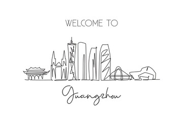 Fototapeta na wymiar Depok, Indonesia - September 17, 2019: Single continuous line drawing of Guangzhou skyline, China. Famous city landscape. World travel concept. Editable stroke one line draw design vector illustration