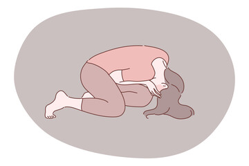 Despair, frustration, depression concept. Young depressed upset desperate woman cartoon character sitting on floor covering face crying. Domestic violence abuse and headache migraine illustration.