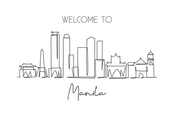 Fototapeta na wymiar One single line drawing of Manila city skyline, Philippines. Historical town landscape in the world. Best holiday destination. Editable stroke trendy continuous line draw design vector illustration