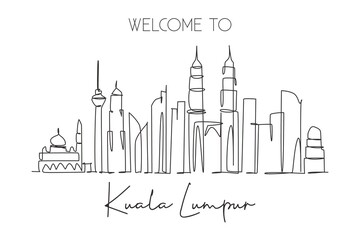 Obraz premium One single line drawing of Kuala Lumpur city skyline, Malaysia. Historical town landscape in the world. Best holiday destination. Editable stroke trendy continuous line draw design vector illustration