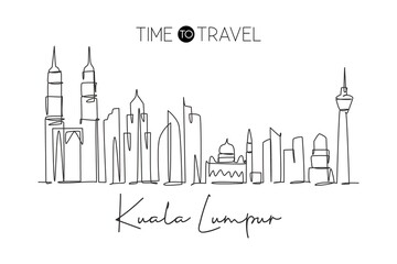 Naklejka premium Single continuous line drawing of Kuala Lumpur city skyline, Malaysia. Famous city landscape. World travel concept home wall decor art poster print. Modern one line draw design vector illustration