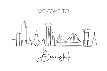 Foto op Canvas One continuous line drawing of Bangkok city skyline, Thailand. Beautiful landmark. World landscape tourism travel vacation poster. Editable stylish stroke single line draw design vector illustration © Simple Line