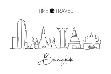 Fototapeta premium One single line drawing of Bangkok city skyline, Thailand. Historical town landscape. Best holiday destination home decor wall art poster print. Trendy continuous line draw design vector illustration