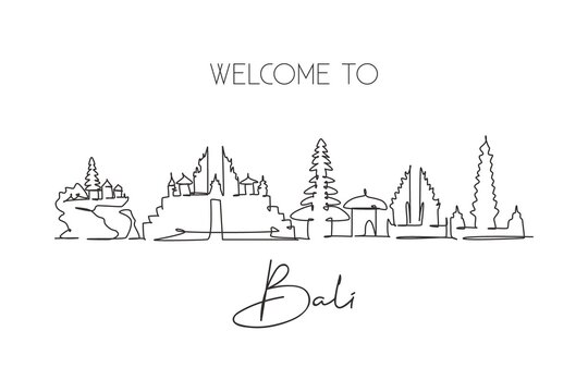 One continuous line drawing of Bali city skyline, Indonesia. Beautiful landmark. World landscape tourism travel vacation poster art. Editable stylish stroke single line draw design vector illustration