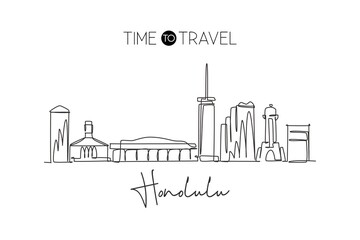 One single line drawing Honolulu city skyline, Hawaii. Historical town landscape in the world. Best holiday destination poster. Editable stroke trendy continuous line draw design vector illustration