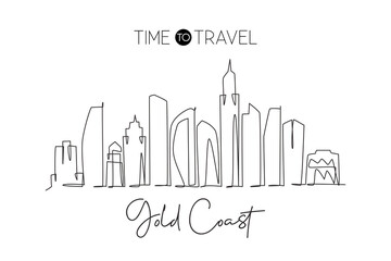 Fototapeta premium One single line drawing Gold Coast city skyline, Australia. Historical town landscape in world. Best holiday destination poster. Editable stroke trendy continuous line draw design vector illustration