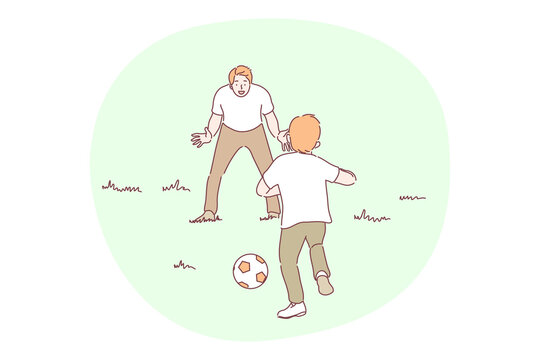 Sport, football, family care, fatherhood, childhood concept. Man father daddy coach parent playing soccer with son boy child kid together. Fathers day summertime recreationsport training illustration.