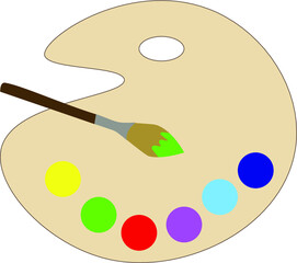palette, paint, art, brush, paintbrush, color, isolated, artist, white, painter, painting, colorful, yellow, red, watercolor, blue, green, illustration, creativity, design, tool, oil, artistic, colors