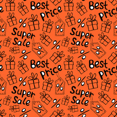 Vector seamless pattern with inscriptions and symbols Sale. Hand drawn background and texture on theme of Black Friday, best price, discounts, shopping and special offers