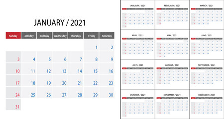 Simple Calendar 2021 on English language week start on Sunday. Template for planner design
