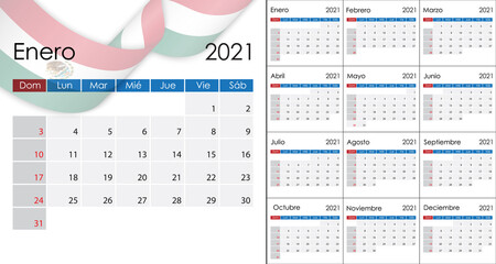 Simple Calendar 2021 on Spanish language, Latin America version,week start on Sunday. Template for planner design