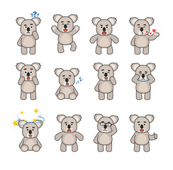 Set of koala bear characters showing various emotions. Cute koala thinking, jumping, sleeping, surprised, dazed, crying and showing other emotions. Vector illustration bundle