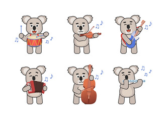 Set of koala bear characters playing on various musical instruments. Cute koala playing on drum, violin, guitar, accordion, flute, double bass. Vector illustration bundle