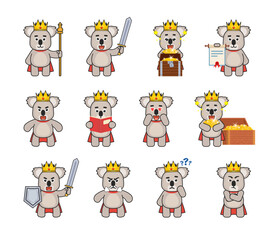 Set of king koala character in various situations. Cute koala with crown holding sword, golden coins, reading book, standing near treasure chest and showing other actions. Vector illustration bundle
