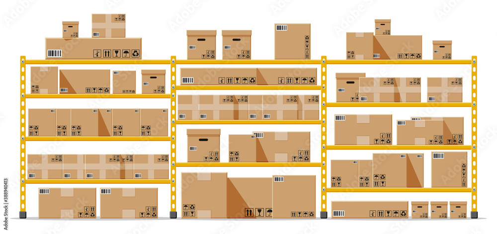 Poster metallic shelves with carton brown boxes. goods and container package. pile cardboard boxes set. del
