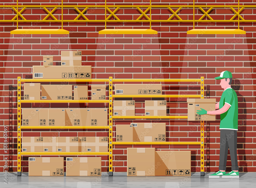 Poster warehouse interior with goods, mover and container package boxes. pile cardboard boxes set. carton d