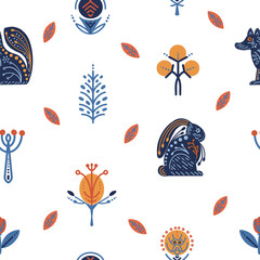 Folk Scandinavian seamless pattern. Ornament, floral Nordic elements. Retro winter animal pattern with fox, hare. 