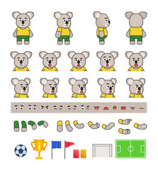 Australian koala football player creation set, various soccer design elements. Vector illustration bundle