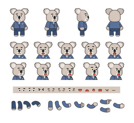 Cute koala character in blue suit creation kit. Create your own action, pose or animation. Vector illustration bundle