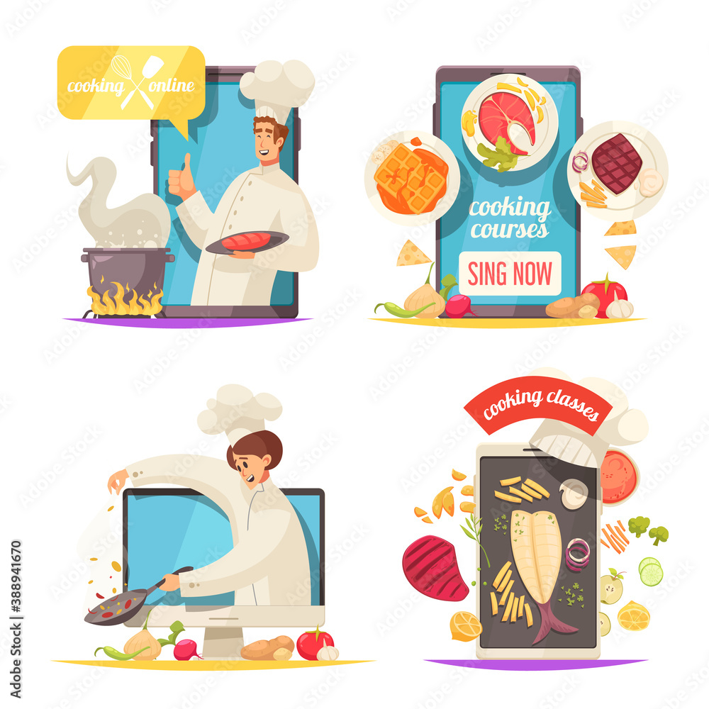 Poster cooking school concept icons set