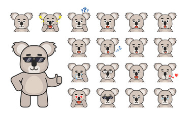 Set of koala emoticons, avatars or emojis. Koala laughing, tired, sleeping, angry, amazed, dazed, in love, showing silly face and other expressions. Vector illustration bundle