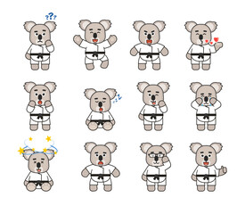 Set of karate koala mascots showing various emotions. Cute karate koala laughing, crying, angry, sad, sleeping and showing other expressions. Vector illustration bundle