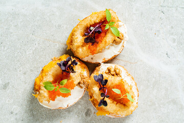 canape with fried calamari and caviar