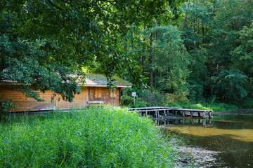 An old wooden pier by a lake overgrown with mud. A wooden building among green trees.