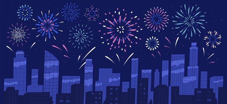 City holiday celebration panorama with bright festive firework show. Night sky of megapolis with sparkling bursting and exploding firecrackers. Flat vector cartoon colorful illustration.