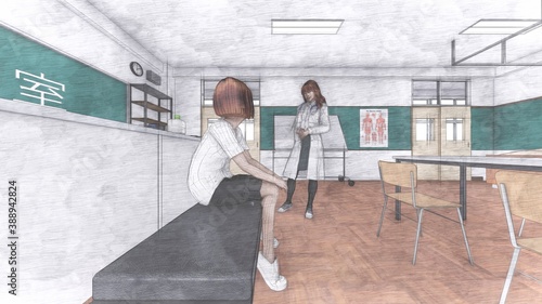 学校 保健室 黒板文字有り 人有り イラスト34 Wall Mural 啓文 佐々木