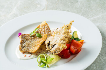 Fried fish fillet, Atlantic cod with vegetables